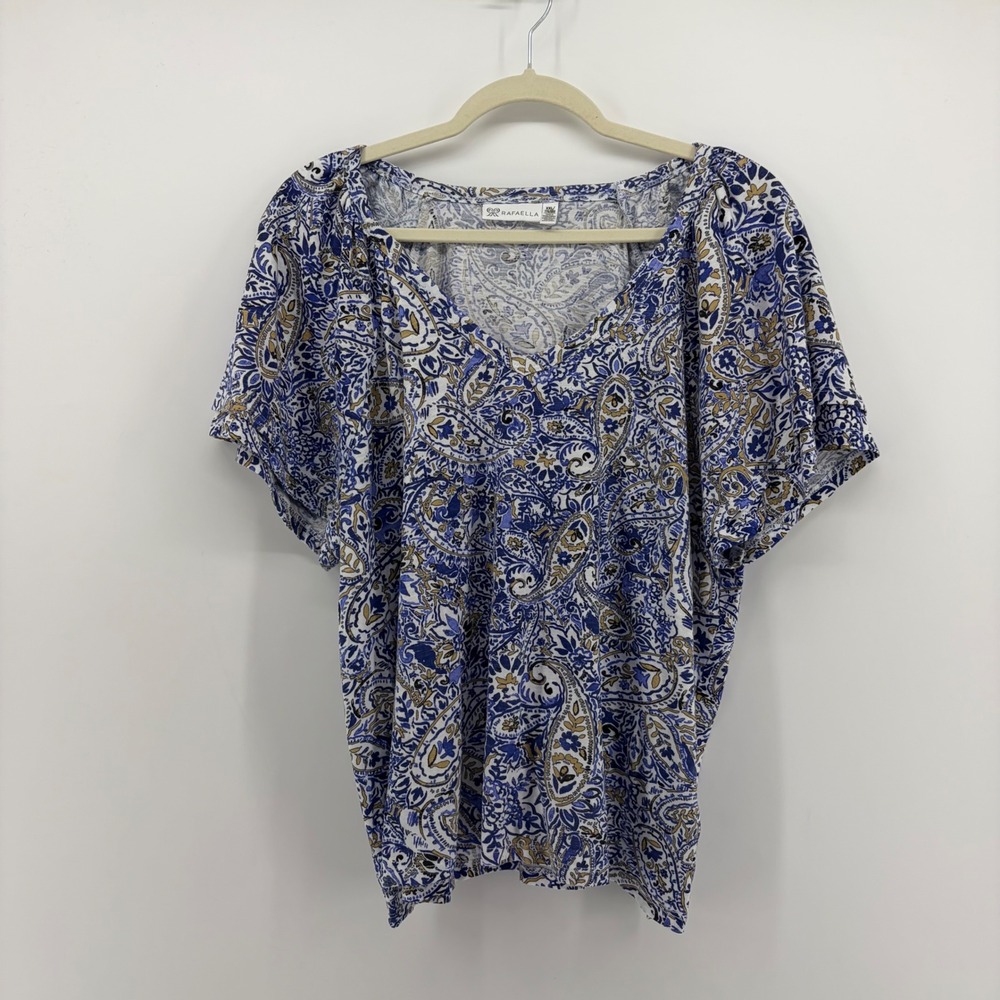 Rafaella Womens XXL Blue Paisley V-Neck Short Sleeve Cotton Modal Relaxed Top